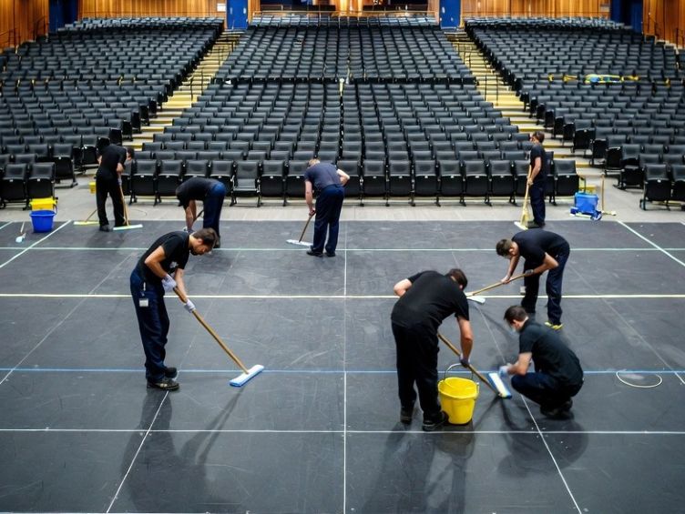 cleaning crew scrubbing large concert hall floor after an event
